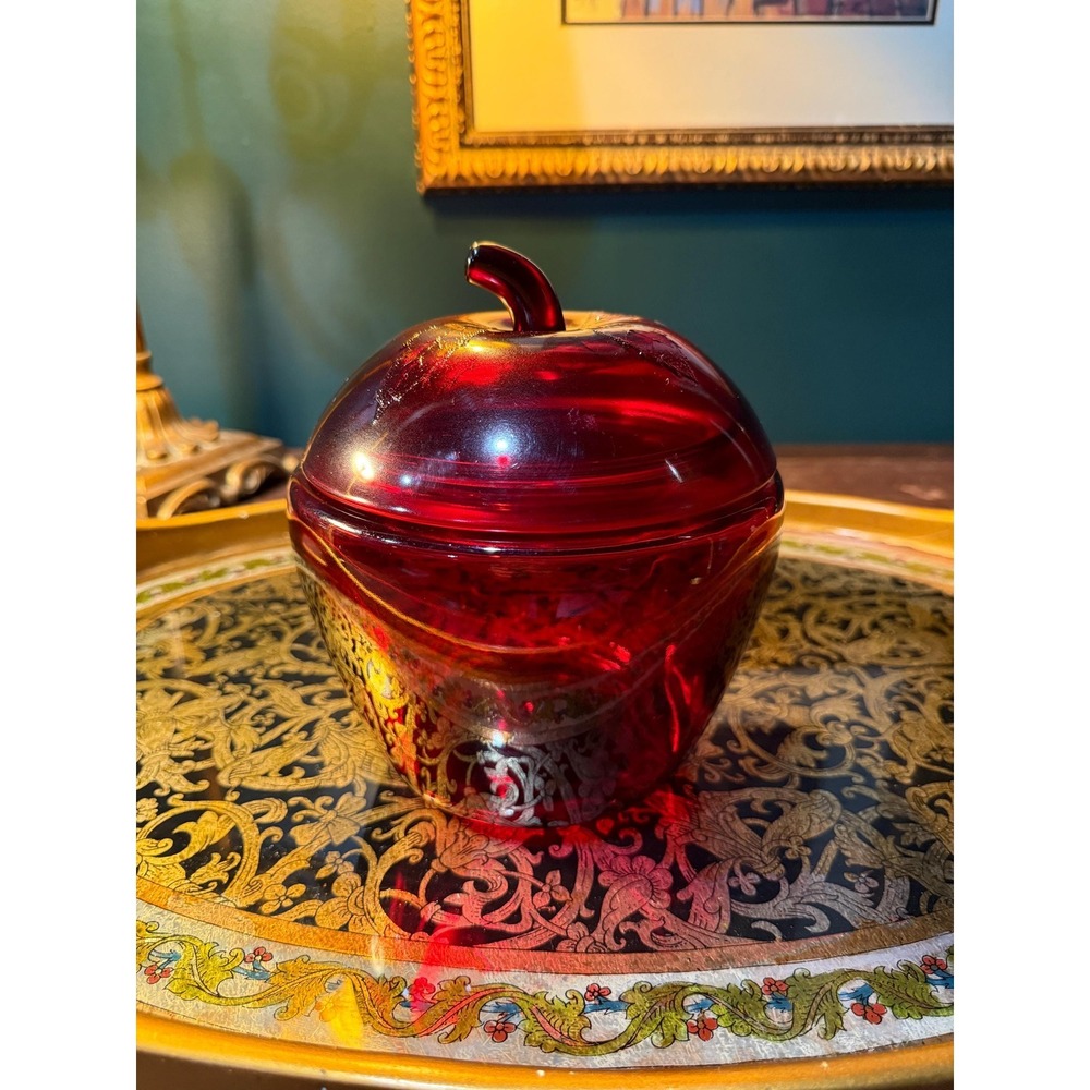 Vintage Anchor Hocking‎ Ruby Red Cookie Jar: Embossed Leaf Lid, 1970s